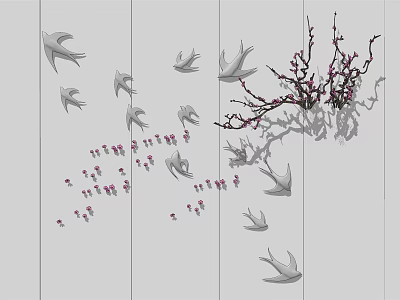 Elegant Wall Decor With Silver Birds And Pink Flower Branch On Gray Background 3d model