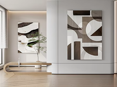 Modern Abstract Paintings With Geometric Shapes In Neutral Tones For Interior Space 3d model