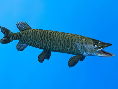 Aquatic Animal Pike With Striped Body And Open Mouth Swimming In Blue Water 3d model