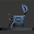 Open Treasure Chest Display With Gold Coins Sword And Shield On Hexagonal Stone Pedestal