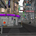 Modern Commercial Street With Tall Buildings Colorful Signs Decorative Awnings And Storefronts