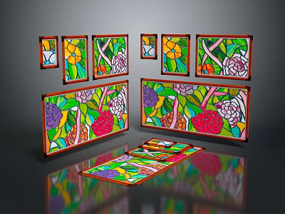 Stained Glass Decorative Pieces with Vibrant Floral Patterns in Various Shapes and Sizes 3d model