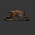 Golden Brown Roasted Chicken Stuffed with Lemon Served on Colorful Plate Wooden Tray