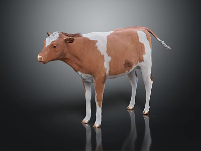 Brown and White Cow Standing on Dark Background with Reflection 3d model