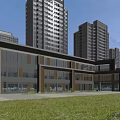 Modern School Building With Large Glass Windows Wooden Facade And Lawn Area For Children Playing