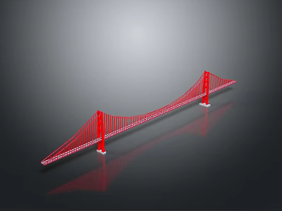 Red Suspension Bridge with Two Tower Structures on Gray Background and Reflective Surface 3d model