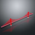 Red Suspension Bridge with Two Tower Structures on Gray Background and Reflective Surface 3d model