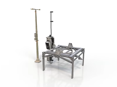Industrial Metal Equipment Setup With Tall Pole Wheeled Machinery And Frame Platform 3d model