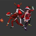 Animated Game Characters in Santa Outfits with Christmas Hats Reindeer Antlers Gift Boxes and Skates