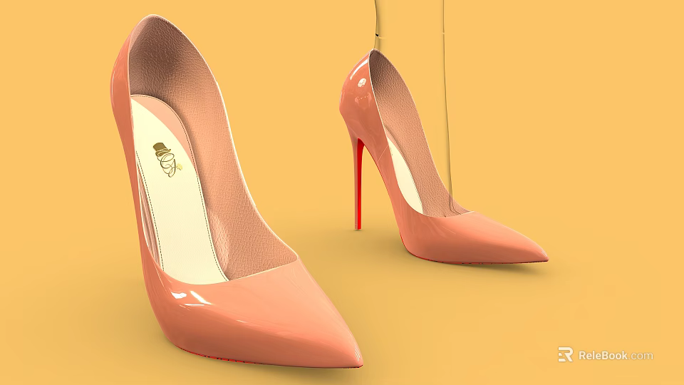 Pink Pointed Toe High Heels With Red Heel And Patent Leather Finish 3d model 