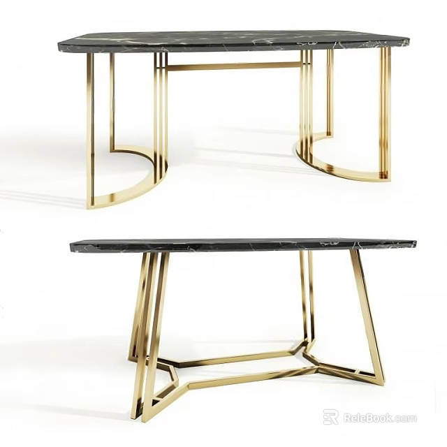 Modern Dining Table With Golden Metal Frame Black Tabletop And Curved Geometric Structure Design 3d model 