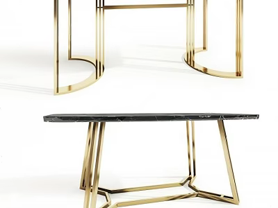 Modern Dining Table With Golden Metal Frame Black Tabletop And Curved Geometric Structure Design 3d model