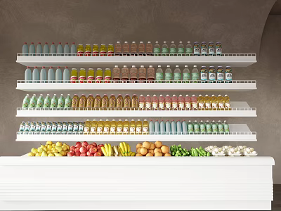 Multi Tiered Display Shelves with Assorted Bottled Drinks Fruits Vegetables and Eggs 3d model