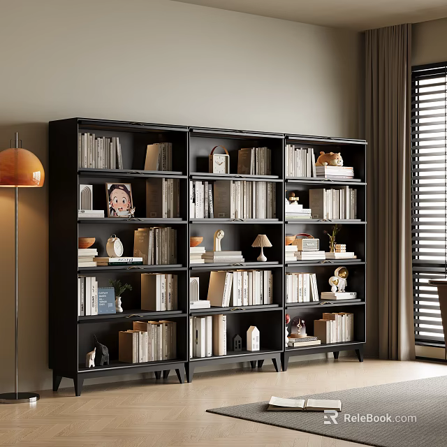 Modern Study Room Interior With Black Bookshelves Books Decorations Floor Lamp And Window Blinds 3d model 