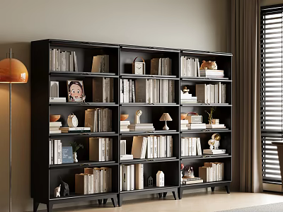 Modern Study Room Interior With Black Bookshelves Books Decorations Floor Lamp And Window Blinds 3d model