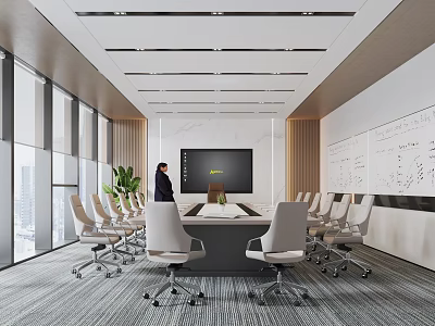 Modern Conference Room With Large Meeting Table Rolling Office Chairs And Whiteboard Wall 3d model