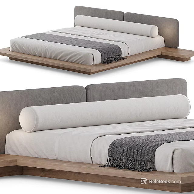 Modern Double Bed With Wooden Frame Gray Headboard White Sheets And Gray Throw Blanket 3d model 