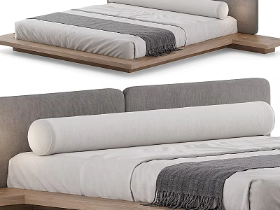 Modern Double Bed With Wooden Frame Gray Headboard White Sheets And Gray Throw Blanket 3d model