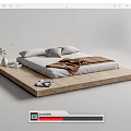 Modern Double Bed on Wooden Platform with White Sheets Brown Blanket Decorative Vase and Magazines