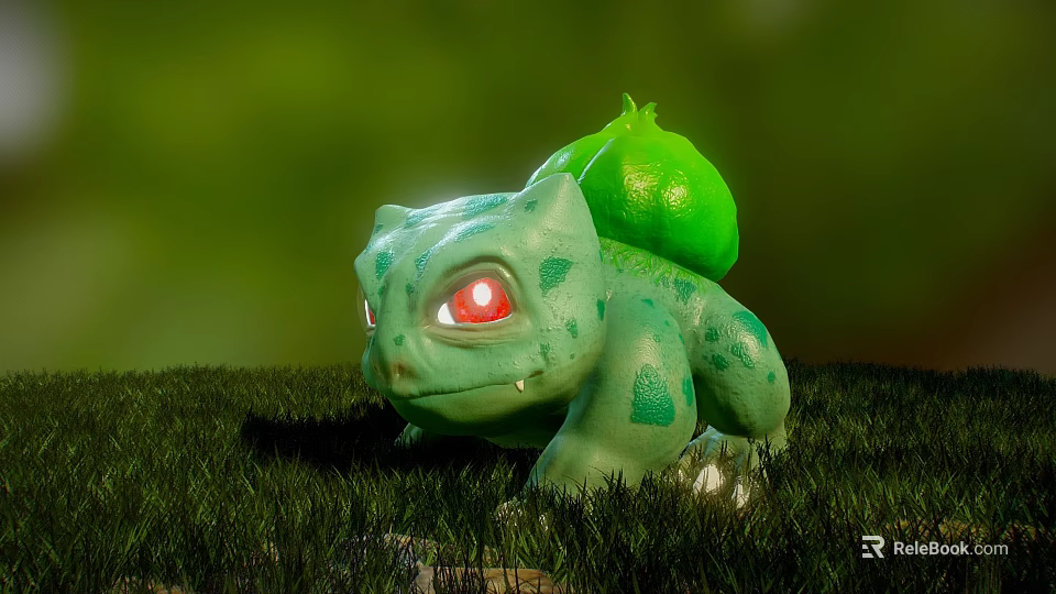 Green Reptile With Red Eyes And Green Back Structure On Grassy Ground 3d model 