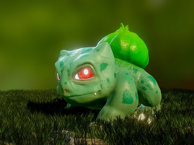 Green Reptile With Red Eyes And Green Back Structure On Grassy Ground 3d model