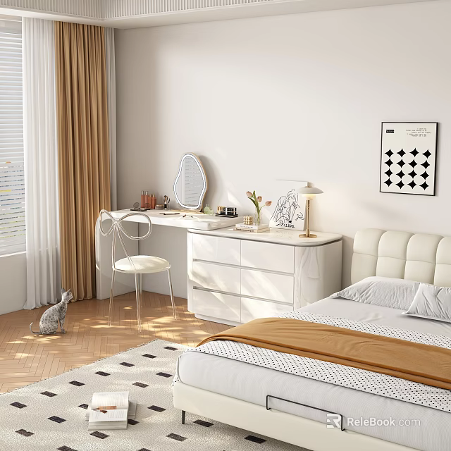 Modern White Dressing Table with Mirror Lamp Vase and Chair in Bedroom Interior 3d model 