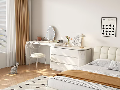 Modern White Dressing Table with Mirror Lamp Vase and Chair in Bedroom Interior 3d model