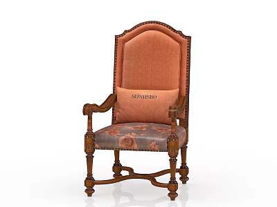 Vintage High Back Leisure Chair Wooden Frame Carved Details Orange Upholstery Cushion 3d model