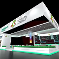 Modern Exhibition Booth With White Curved Roof Colorful Light Column Green Base And Display Tables