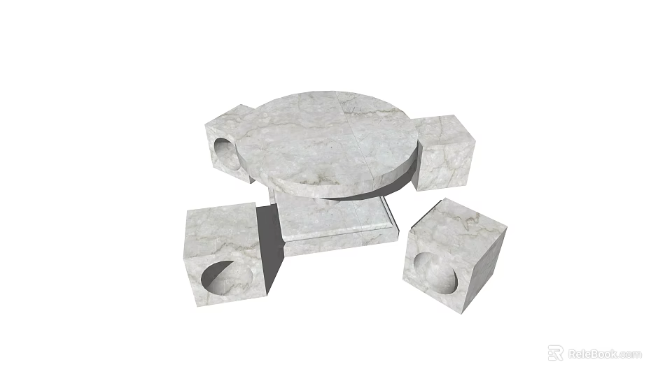 Round Marble Table with Square Stone Chairs Featuring Hole Design for Modern Use 3d model