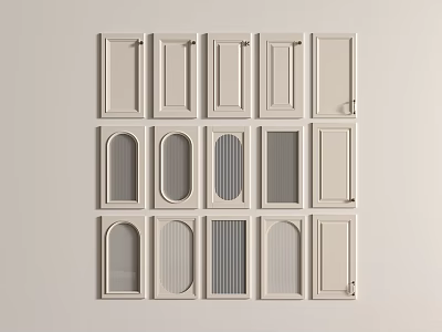 White Interior Doors With Various Panel And Arch Designs Arranged On Wall 3d model