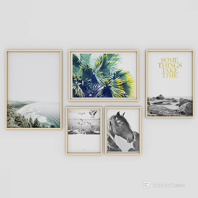 Assorted Decorative Wall Art with Landscape Palm Leaf Text and Horse Prints in Golden Frames 3d model 