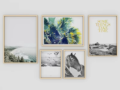 Assorted Decorative Wall Art with Landscape Palm Leaf Text and Horse Prints in Golden Frames 3d model