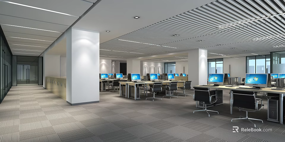 Modern Bright Open Public Office Space with Computers Desks Chairs White Pillars and Linear Ceiling 3d model