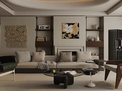 Modern Warm Neutral Living Room With Cozy Sofa Glass Coffee Table And Wall Art Decor 3d model