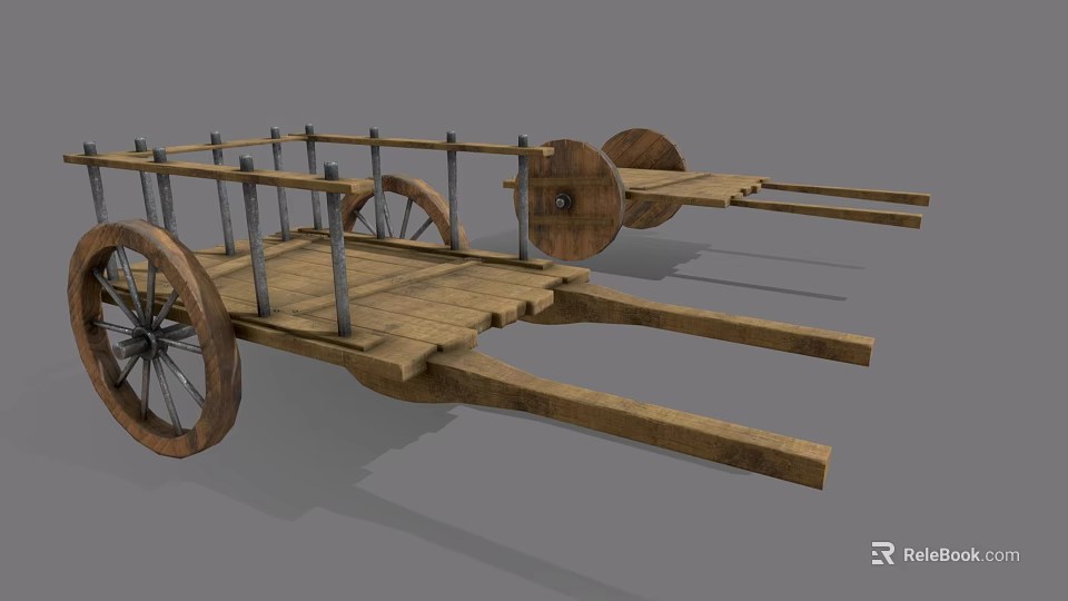 Ancient Wooden Transport Cart With Large Spoked Wheels And Metal Rails 3d model 