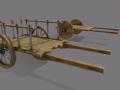 Ancient Wooden Transport Cart With Large Spoked Wheels And Metal Rails 3d model
