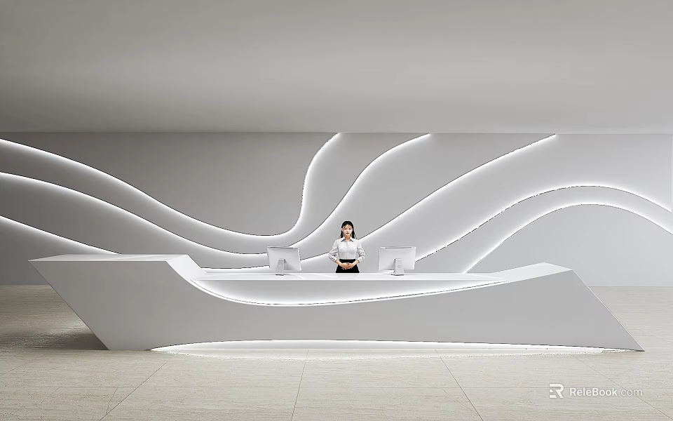 Modern Reception Desk Interior With Curved White Lines And Lighting Design 3d model 