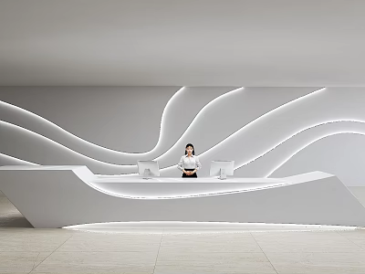 Modern Reception Desk Interior With Curved White Lines And Lighting Design 3d model