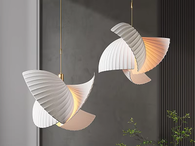 Modern White Pleated Fan Shaped Chandeliers With Gold Accents Against Gray Wall And Green Plants 3d model