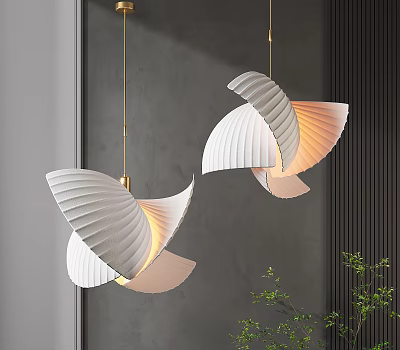 Modern White Pleated Fan Shaped Chandeliers With Gold Accents Against Gray Wall And Green Plants 3d model