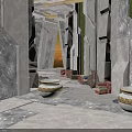 Interior Corridor With Stone Pillars Ceramic Jars Green Plant Wall And Marble Floor