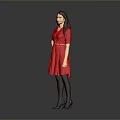 Woman in Red Dress Standing Against Gray Background with Black Stockings High Heels and Belt