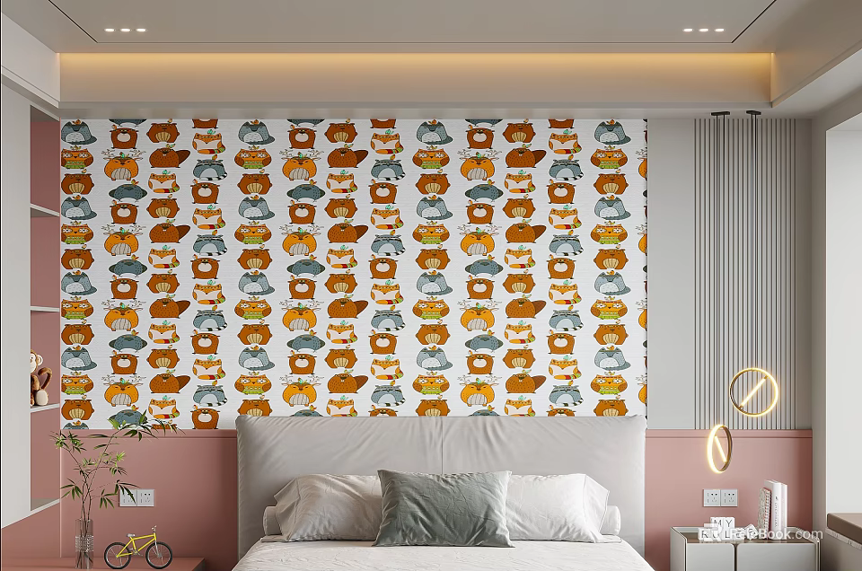 Cartoon Fox Patterned Wall Mural With Orange Gray Blue Colors In Bedroom Interior 3d model 