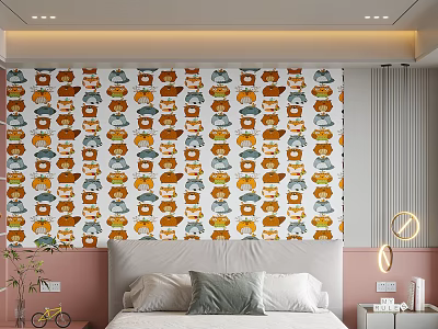 Cartoon Fox Patterned Wall Mural With Orange Gray Blue Colors In Bedroom Interior 3d model