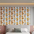 Cartoon Fox Patterned Wall Mural With Orange Gray Blue Colors In Bedroom Interior