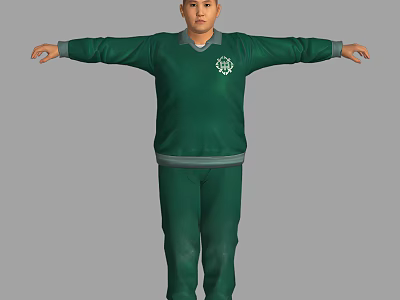 Man in Green Tracksuit With White Logo Standing Arms Outstretched Against Gray Background 3d model