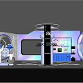 Futuristic Exhibition Space With Modern Design Curved Structures Illuminated Display Stand And Screens