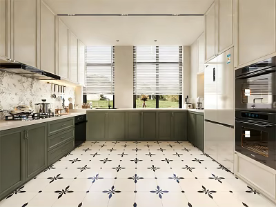 Modern Kitchen Interior With Green Cabinets White Upper Cabinets Black And White Patterned Floor Tiles 3d model