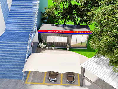 Modern Jiangxi Fire Station With Red White Roof Green Lawn Trees Carport And Two Cars 3d model